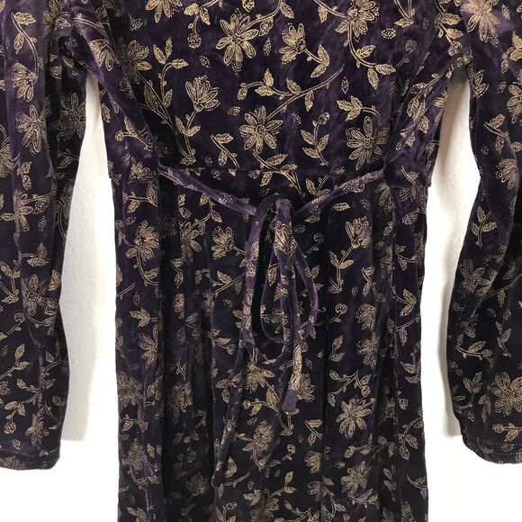 Vintage Purple Velvet Dress Size Petite 6P Gold Floral Long Sleeve Mini Y2K - Picture 7 of 7